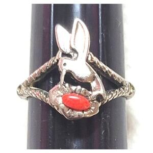 Vintage WJ Hummingbird Ring Stainless Steel Branch Band Red Stone Size 8